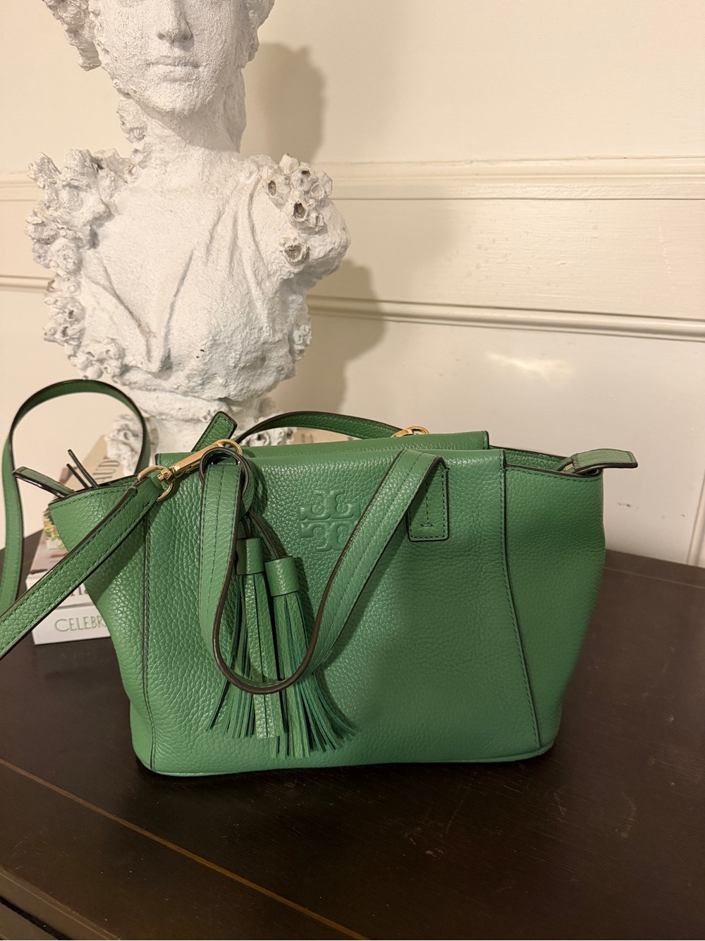 Tory Burch Green Leather Shoulder Tote with Zip Wallet - Picture 2 of 4